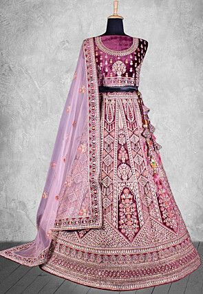 Embroidered Velvet Lehenga in Purple