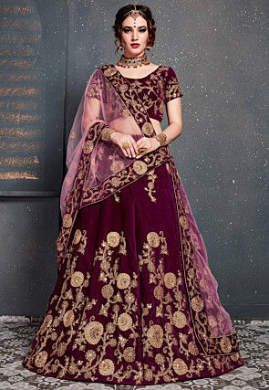 Embroidered Velvet Lehenga in Purple