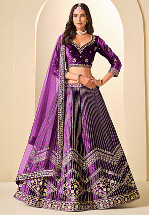 Embroidered Velvet Lehenga in Purple