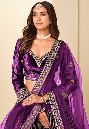 Embroidered Velvet Lehenga in Purple