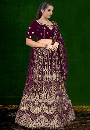 Embroidered Velvet Lehenga in Purple