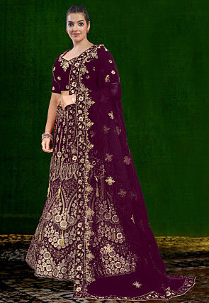 Embroidered Velvet Lehenga in Purple