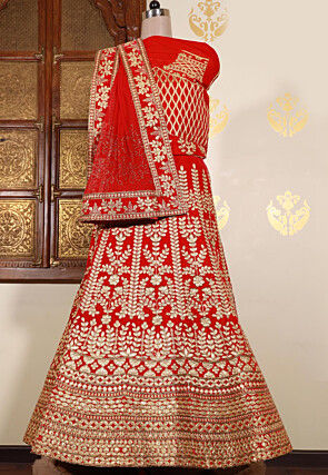 Embroidered Velvet Lehenga in Red