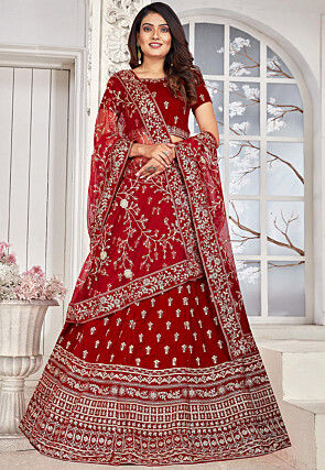 Embroidered Velvet Lehenga in Red