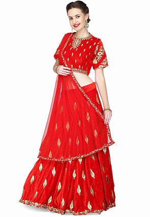 Embroidered Velvet Lehenga in Red
