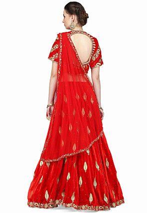 Embroidered Velvet Lehenga in Red