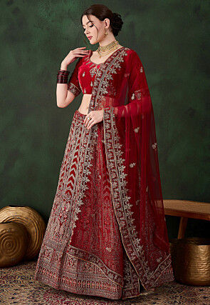 indian bridal dresses Outfits HarleenKaur Designer Red Bridal Lehenga Dress for Indian Bridal Wear comes with choli that is fully hand worked with resham and pearls with heavy intricate motifs Elevate Your Style with Glamourental: