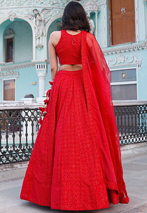 Embroidered Velvet Lehenga in Red
