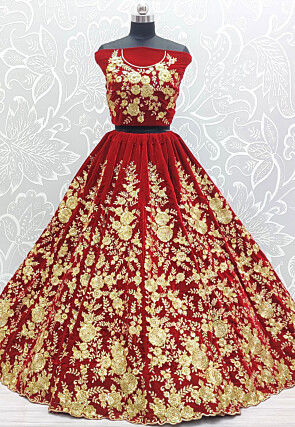 Embroidered Velvet Lehenga in Red