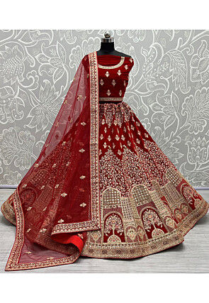 Embroidered Velvet Lehenga in Red