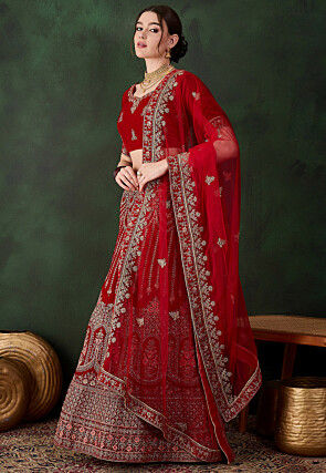 Embroidered Velvet Lehenga in Red