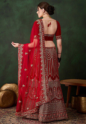 Embroidered Velvet Lehenga in Red