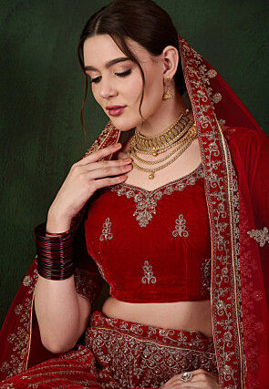 Embroidered Velvet Lehenga in Red