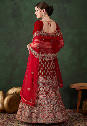 Embroidered Velvet Lehenga in Red