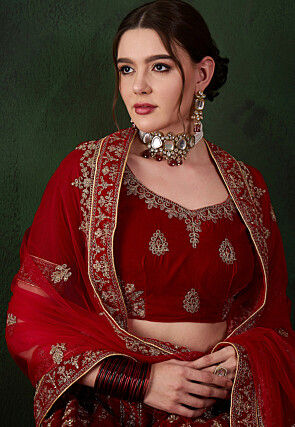 Embroidered Velvet Lehenga in Red