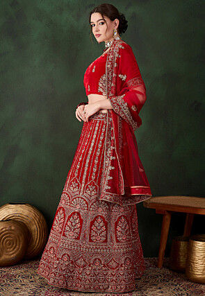 Embroidered Velvet Lehenga in Red