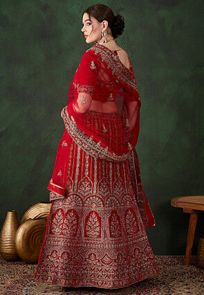 Embroidered Velvet Lehenga in Red
