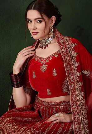 Embroidered Velvet Lehenga in Red