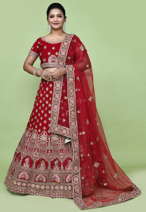 Embroidered Velvet Lehenga in Red