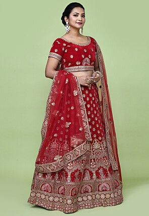 Embroidered Velvet Lehenga in Red