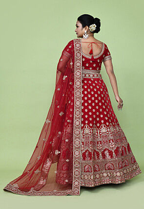 Embroidered Velvet Lehenga in Red