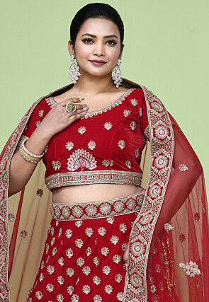Embroidered Velvet Lehenga in Red