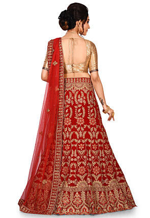 Embroidered Velvet Lehenga in Red