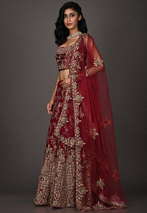 Embroidered Velvet Lehenga in Red