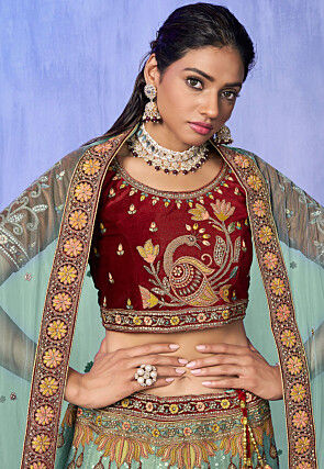 Embroidered Velvet Lehenga in Sea Green