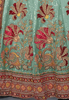 Embroidered Velvet Lehenga in Sea Green