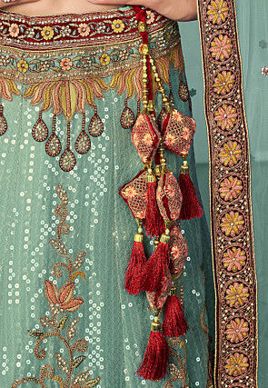 Embroidered Velvet Lehenga in Sea Green