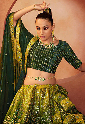 Embroidered Velvet Lehenga in Shaded Green