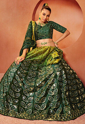 Embroidered Velvet Lehenga in Shaded Green