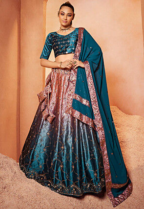 Embroidered Velvet Lehenga in Shaded Peach and Teal Blue