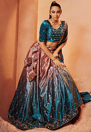 Embroidered Velvet Lehenga in Shaded Peach and Teal Blue