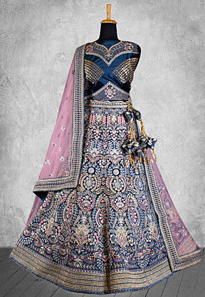 Embroidered Velvet Lehenga in Teal Blue