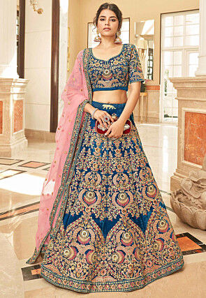 Embroidered Velvet Lehenga in Teal Blue