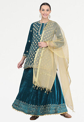 Embroidered Velvet Lehenga in Teal Blue