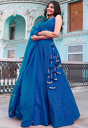 Embroidered Velvet Lehenga in Teal Blue