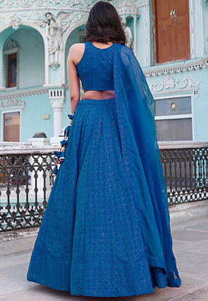 Embroidered Velvet Lehenga in Teal Blue