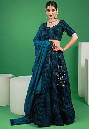 Embroidered Velvet Lehenga in Teal Blue