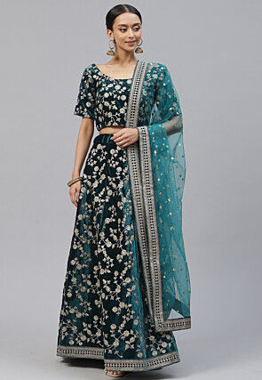 Embroidered Velvet Lehenga in Teal Blue