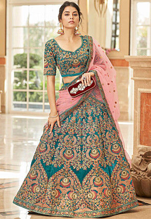 Embroidered Velvet Lehenga in Teal Green