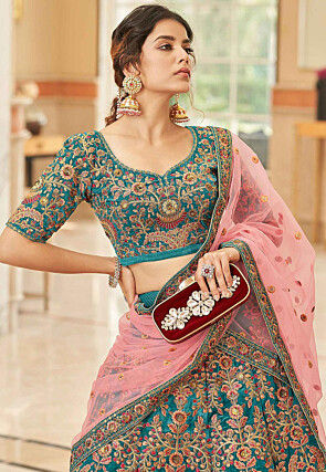 Embroidered Velvet Lehenga in Teal Green