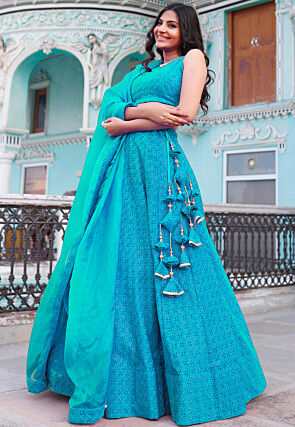 Embroidered Velvet Lehenga in Turquoise 