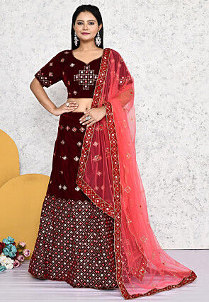 Embroidered Velvet Lehenga in Wine