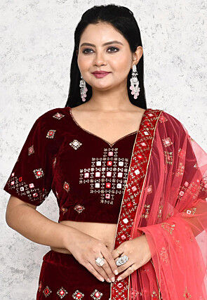 Embroidered Velvet Lehenga in Wine