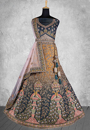 Embroidered Velvet Lehenga in Yellow and Blue