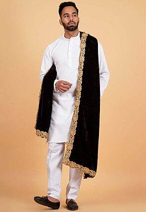 Embroidered Velvet Men Dupatta in Dark Brown