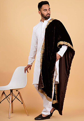 Embroidered Velvet Men Dupatta in Dark Brown